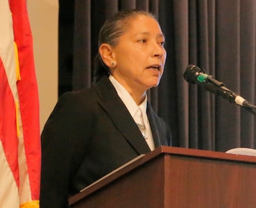 IMAGE: DAHLGREN, Va. (Nov. 21, 2017) - Juanita Mullen, Veterans Administration’s Liaison for American Indian and Alaska Native Veterans, describes the contributions of Native Americans to U.S military strength and national security at the NSWCDD sponsored National American Indian Heritage and Veterans-Military Families Month Observance. (U.S. Navy photo by Patrick Dunn/Released)