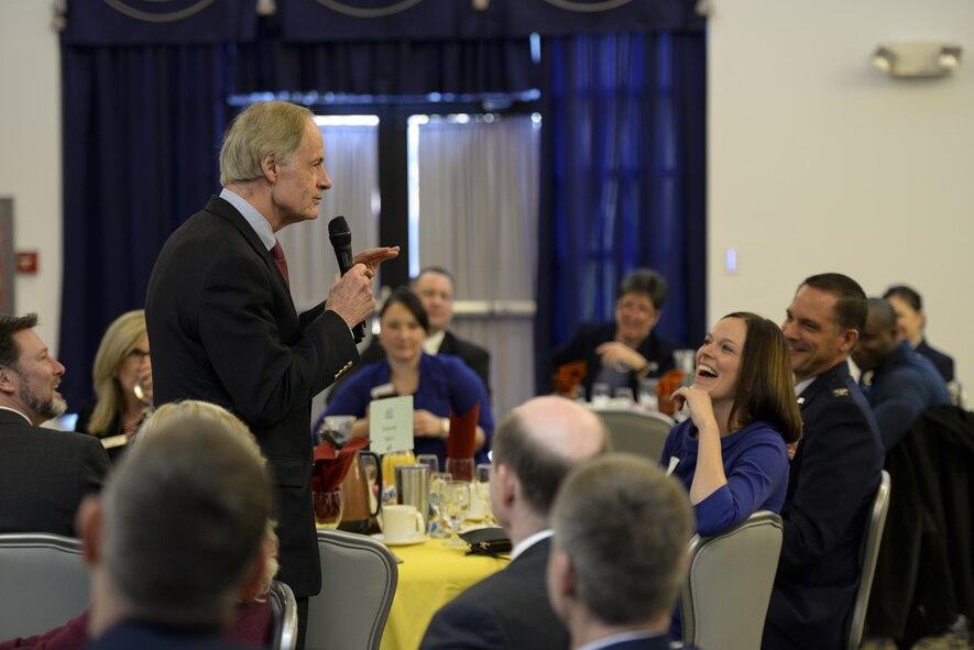 Sen. Tom Carper, D-Del., speaks during the State of the Base Breakfast Nov. 20, 2017, at Dover Air Force Base, Del. Carper and the other speakers thanked Team Dover for their continued service and dedication to the local community and nation. (U.S. Air Force photo by Staff Sgt. Aaron J. Jenne)