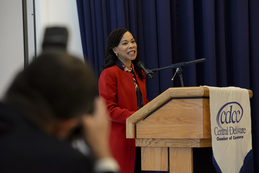 Congresswoman Lisa Blunt Rochester, D-Del., speaks during the State of the Base Breakfast Nov. 20, 2017, at Dover Air Force Base, Del. Members of Team Dover received countless complements from community members praising their selfless service throughout the year. (U.S. Air Force photo by Staff Sgt. Aaron J. Jenne)