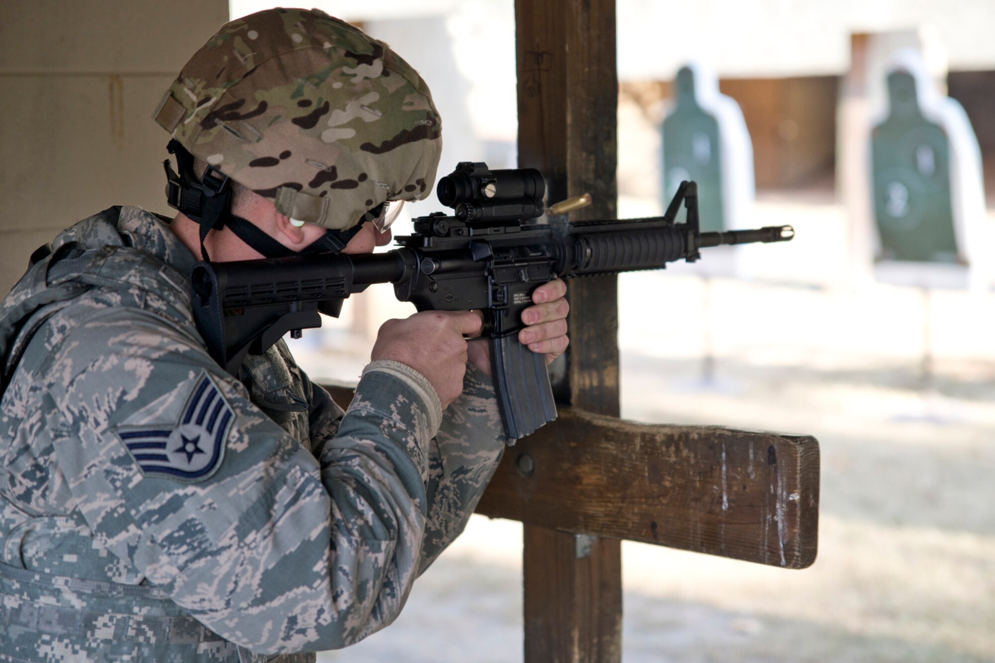 U.S. Air Force Reserve Airman assigned to the 96th Aerial Port Squadron, fires an M4 rifle at the shooting range on Little Rock Air Force Base, Ark., Dec. 2, 2017.