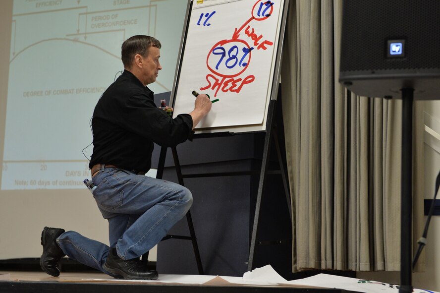 Retired Lt. Col. Dave Grossman uses graffiti markers and poster paper to help the audience visualize the amount of military members that experience effects due to combat Nov. 13, 2017, at Creech Air Force Base, Nev. Grossman utilized tools such as posters, a projector and books to convey his messages and entertain his audience. (U.S. Air Force Photo by Airman 1st Class Haley Stevens)