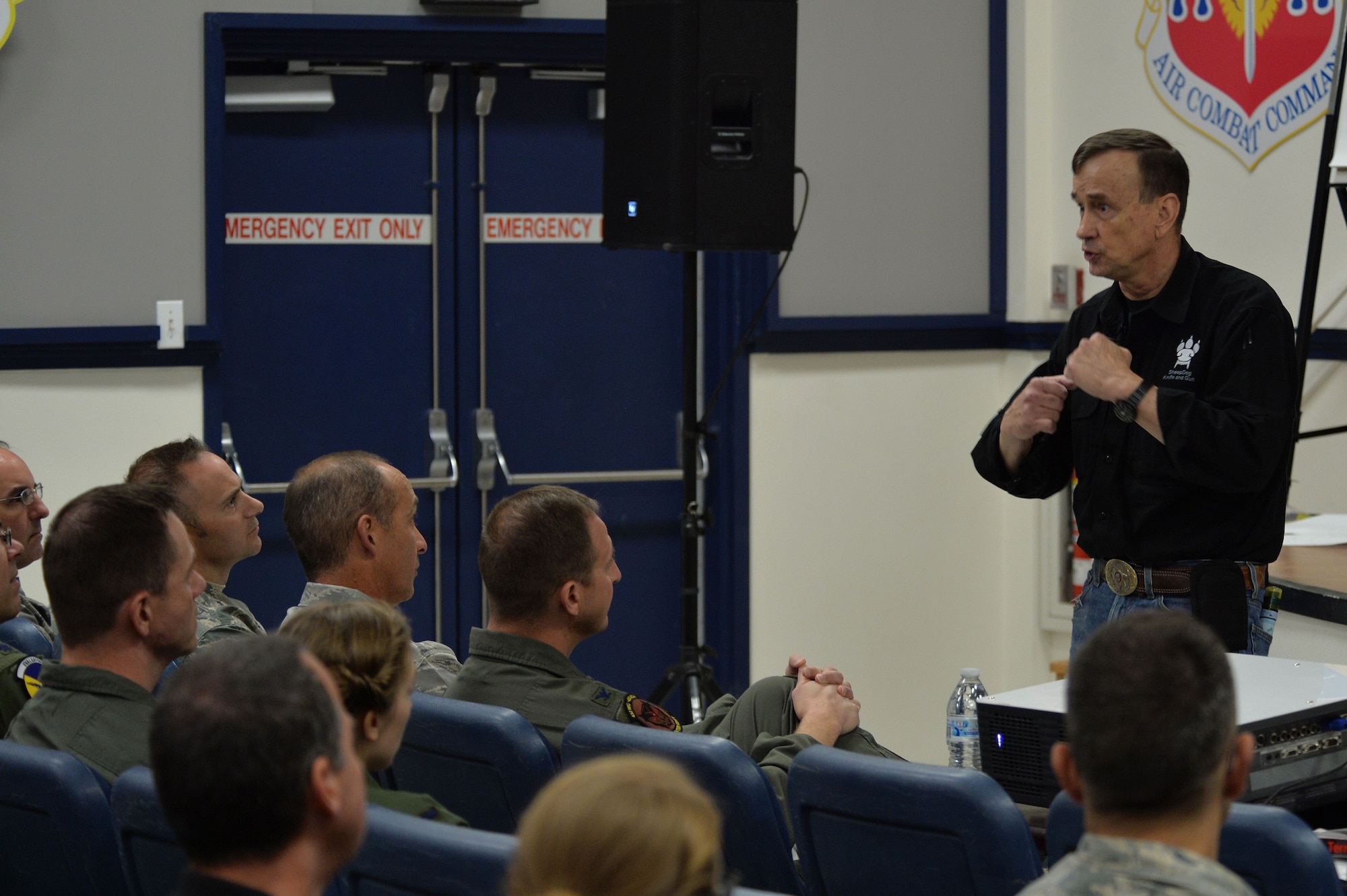 Retired Lt. Col. Dave Grossman elaborates on the effects that post-traumatic stress disorder can have on military members and their families Nov. 13, 2017, at Creech Air Force Base, Nev. Grossman is a public speaker and former professor who shares his psychological research with service members, law enforcement professionals and university students across the U.S. (U.S. Air Force Photo by Airman 1st Class Haley Stevens)