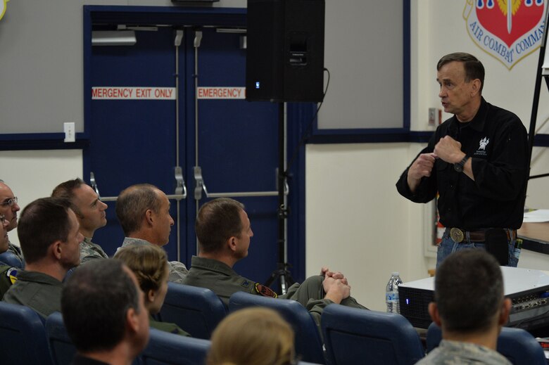 Retired Lt. Col. Dave Grossman elaborates on the effects that post-traumatic stress disorder can have on military members and their families Nov. 13, 2017, at Creech Air Force Base, Nev. Grossman is a public speaker and former professor who shares his psychological research with service members, law enforcement professionals and university students across the U.S. (U.S. Air Force Photo by Airman 1st Class Haley Stevens)