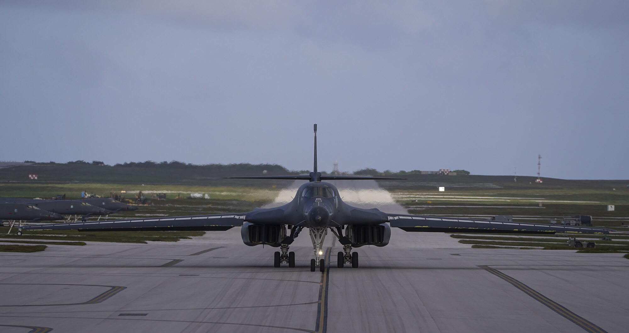 A U.S. Air Force B-1B Lancer, assigned to the 37th Expeditionary Bomb Squadron, deployed from Ellsworth Air Force Base (AFB), South Dakota, arrives at Andersen AFB, Guam, Dec. 4, 2017.