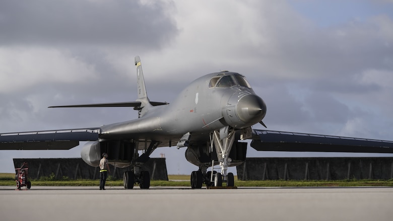 A U.S. Air Force B-1B Lancer, assigned to the 37th Expeditionary Bomb Squadron, deployed from Ellsworth Air Force Base (AFB), South Dakota, arrives at Andersen AFB, Guam, Dec. 4, 2017.