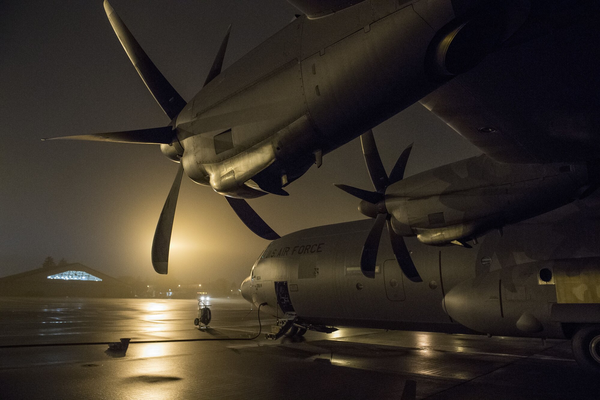 A C-130J Super Hercules sits on the flight line, Dec. 1, 2017, at Yokota Air Base, Japan.