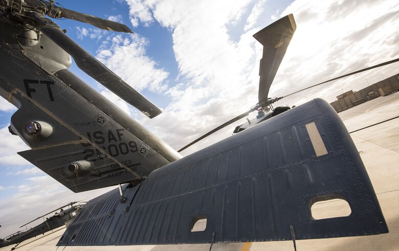 An HH-60G Pave Hawk helicopter assigned to the 46th Expeditionary Rescue
Squadron waits on alert status November 22, 2017, in an undisclosed
location. The primary mission of the Pave Hawk is to conduct day or night
personnel recovery operations in hostile environments to recover isolated
individuals during war or in humanitarian crises. (U.S. Air Force photo by
Staff Sgt. Joshua Kleinholz)