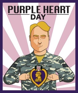 Graphic made for social media in honor of Purple Heart Day, Aug. 7, 2017. It features a U.S. Air Force Airman holding his Airman Battle Uniform top open with a purple heart at the center of his torso.