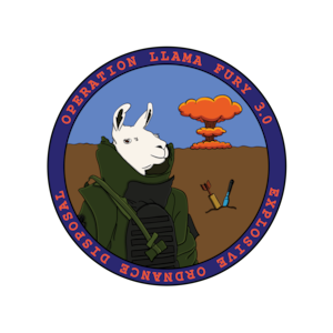 Patch and coin design created for Operation Llama Fury 3.0, a U.S. Air Force Explosive Ordnance Disposal exercise. The logo features a llama wearing a bomb suit in the foreground, and mushroom cloud and two unexploded ordnance in the background.