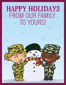 Card designed for social media messaging during the holidays. The graphic features a U.S. Army Soldier and U.S. Air Force Airman with a snowman wearing a scarf and helmet. Both an Airman and Soldier were depicted to represent the joint nature of Joint Base Langley-Eustis, Va.