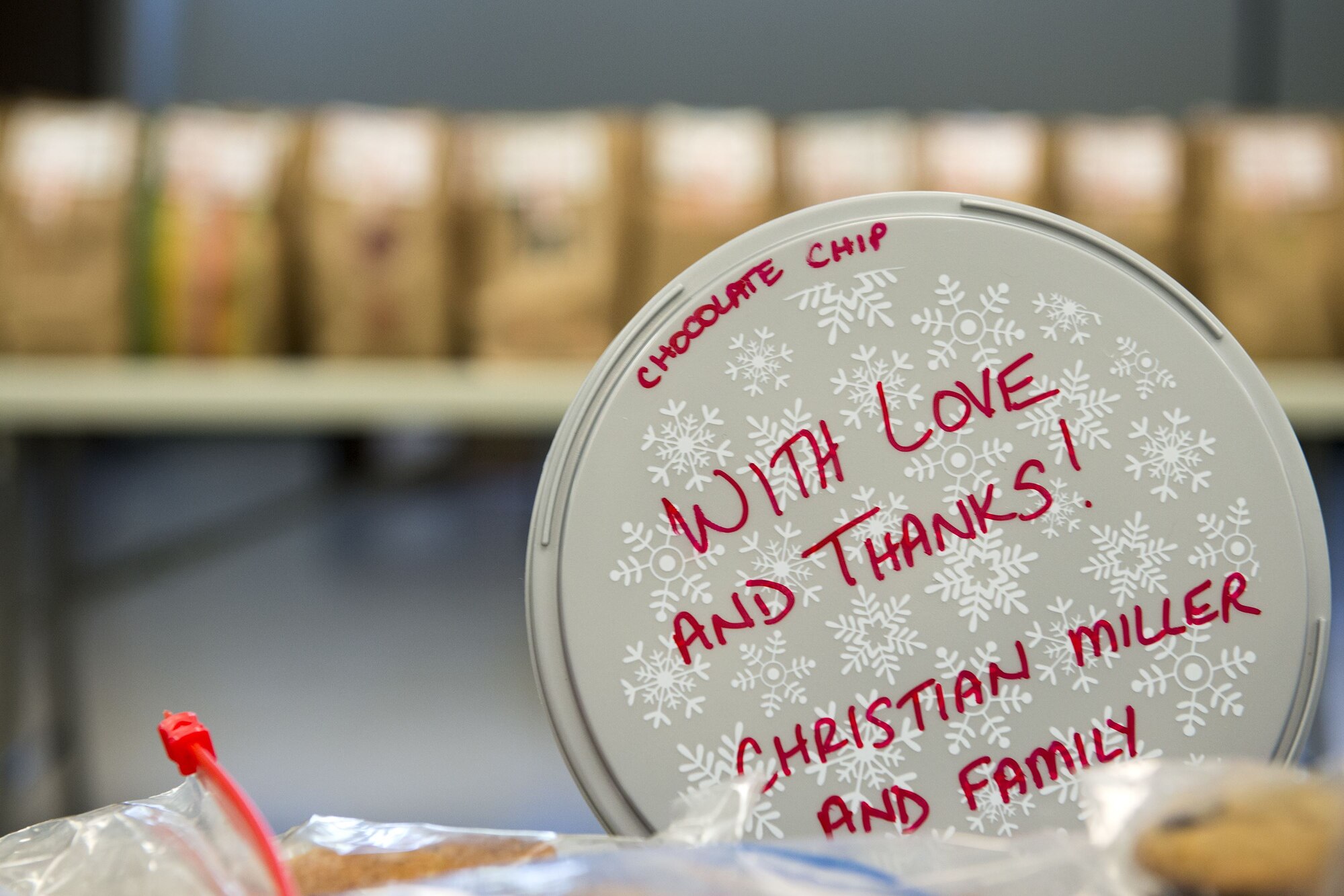 A cookie tub rests on a table during the Annual Moody Airmen Cookie Drive, Dec. 4, 2017, at Moody Air Force Base, Ga. Local organizations, Airmen and spouses donated more than 8,000 cookies to approximately 700 dorm residents to show appreciation for the Airmen during the holidays. (U.S. Air Force photo by Airman 1st Class Erick Requadt)