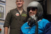 Urijah Faber, former Ultimate Fighting Championship bantamweight fighter, uses a flight simulator at 1st Operations Group aerospace and operational physiology during the Mixed Martial Arts Legends Tour at Joint Base Langley-Eustis, Va., Dec. 1, 2017.