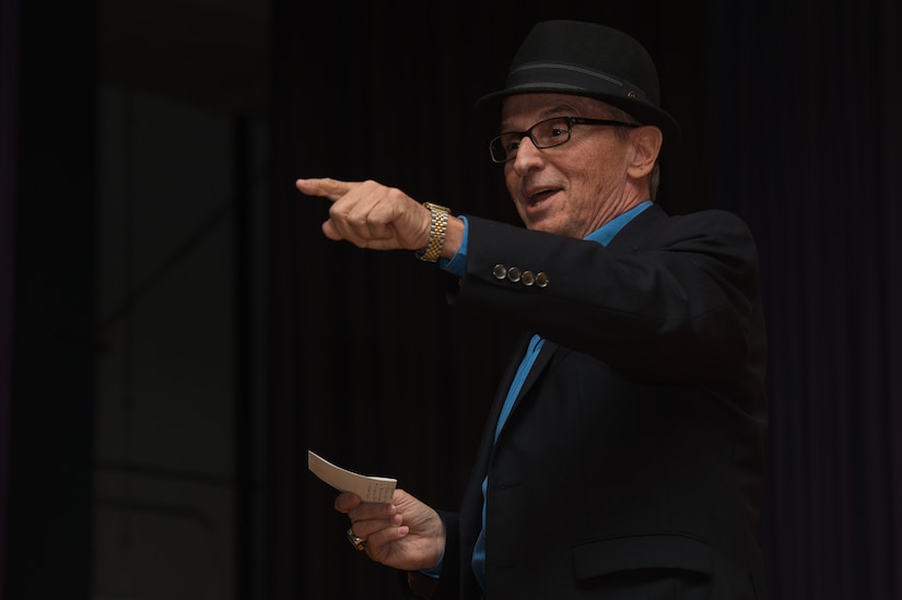 Former U.S. Marine Corps Sgt. Art Davie, Ultimate Fighting Championship creator and co-founder, gives a leadership talk to U.S. service members during the Mixed Martial Arts Legends Tour at Joint Base Langley-Eustis, Va., Dec. 1, 2017.