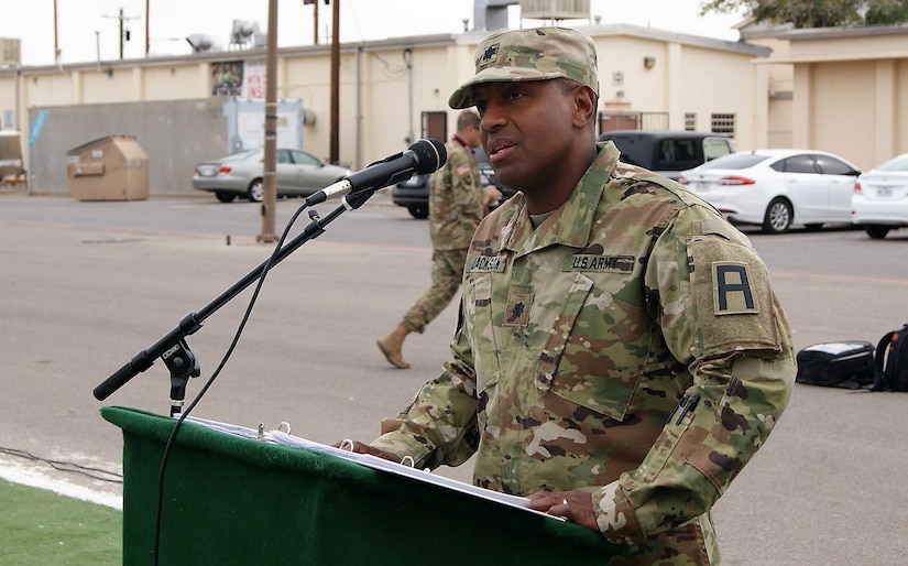 Lt. Col. Adrian Jackson, incoming commander of the 7th Personnel Service Battalion, 95th Regiment, 4th Brigade, 94th Training Division, 80th Training Command speaks at the CONUS Replacement Center Transfer of Authority ceremony held at Fort Bliss, Texas, Dec. 1, 2017.
