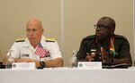 Brig. Gen. Patrick West, Guyana Chief of Defence Staff, and U.S. Navy Adm. Kurt Tidd speaking.