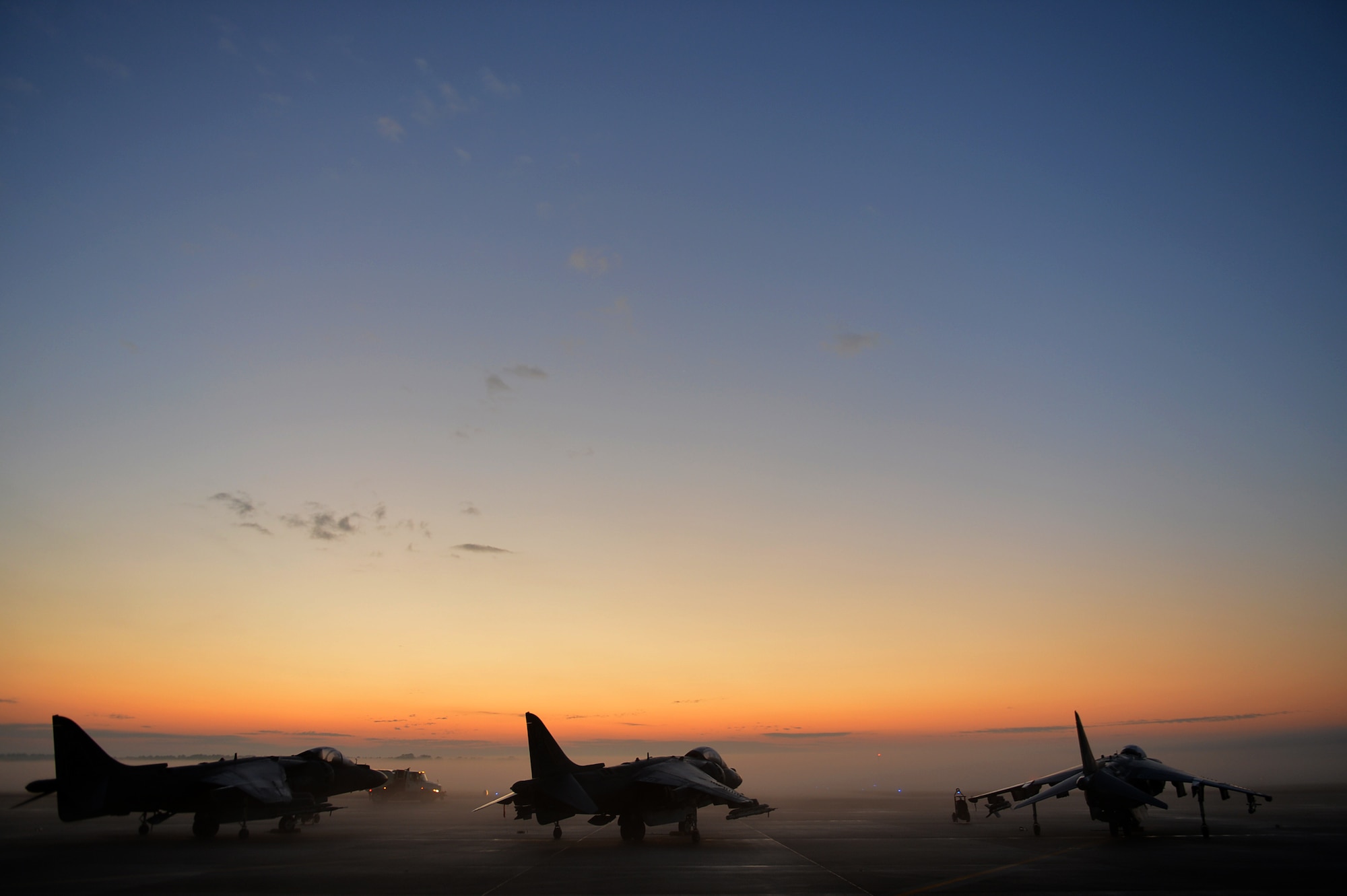 U.S. Marine AV-8B Harriers with the Marine Attack Squadron 231 assigned to Marine Corps Air Station Cherry Point, N.C., are parked on the flightline during basic fighter maneuver training at Shaw Air Force Base, South Carolina, Dec. 1, 2017.