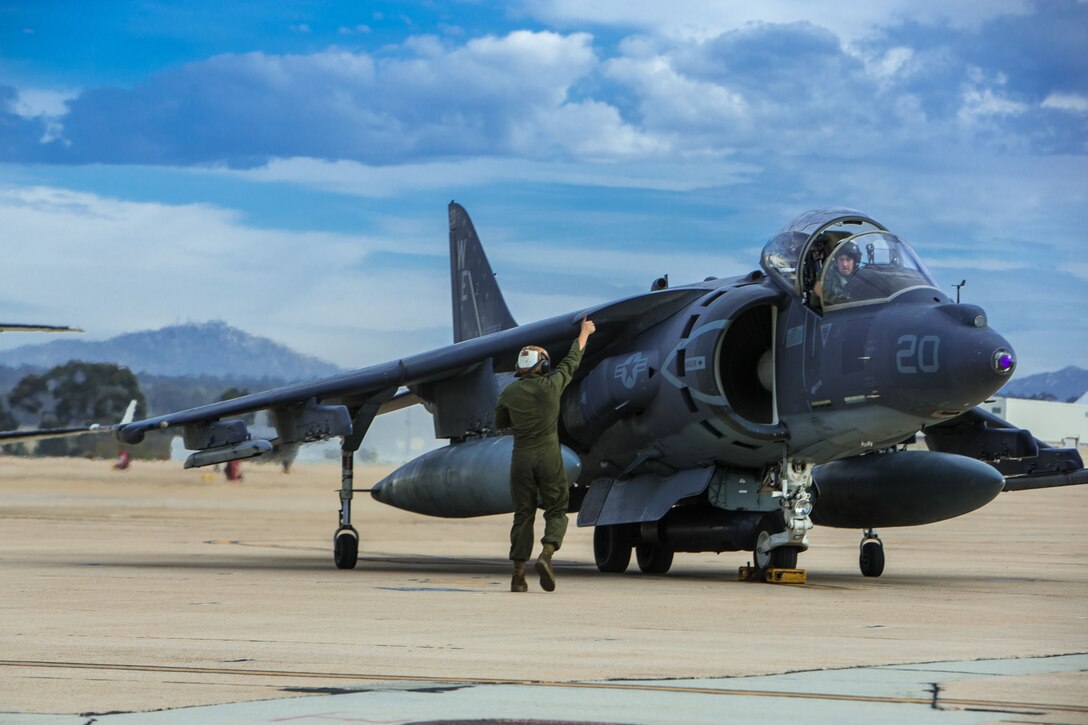 Lance Cpl. David Gaytan, an aircraft ordinance technician with Marine Attack Squadron (VMA) 214 removes ordnance from an AV-8B Harrier II during Exercise Winter Fury 18 at Marine Corps Air Station Miramar, Calif., Nov. 29. Marines prepared several Harriers to support Winter Fury 18, which spans several locations including Marine Corps Air-Ground Combat Center Twentynine Palms, Marine Corps Base Camp Pendleton, MCAS Miramar and MCAS Yuma, Ariz. (U.S. Marine Corps photo by Lance Cpl. Nadia J. Stark/Released)