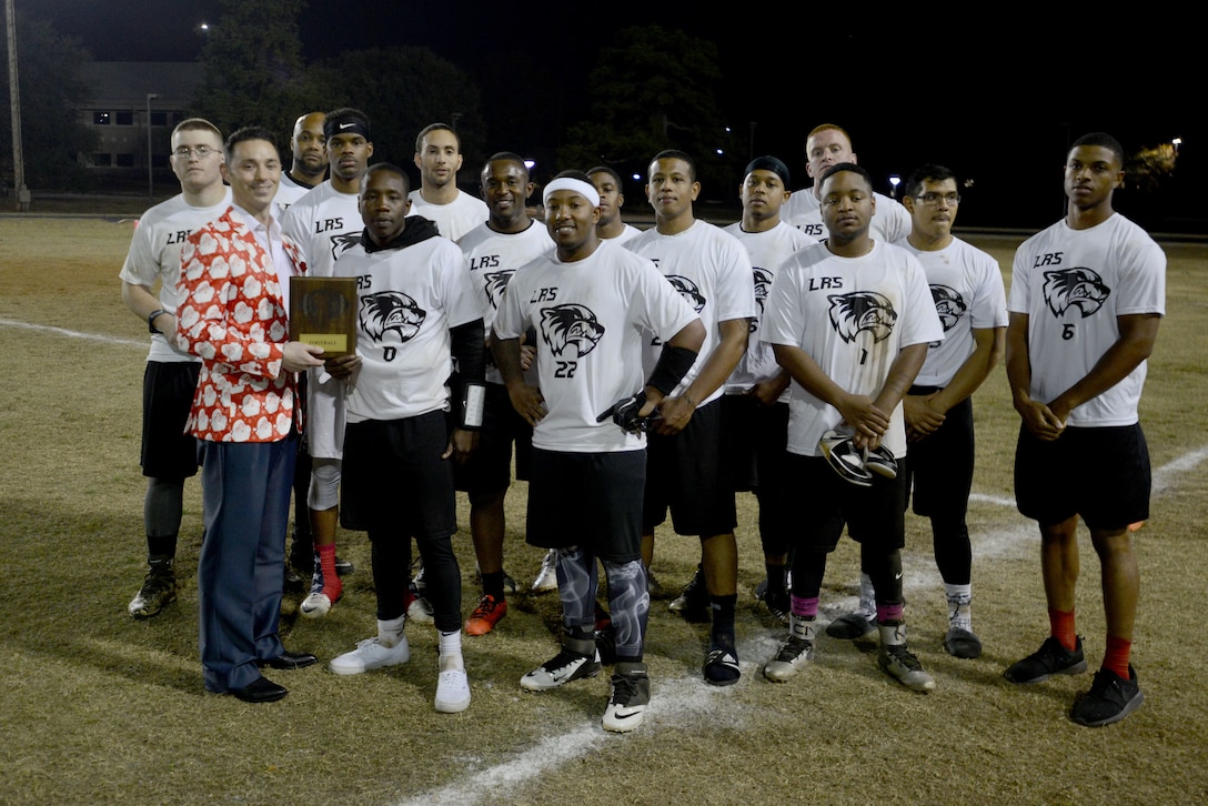 Members of the 20th Logistics Readiness Squadron (LRS) flag football team stand together at the Shaw Air Force Base, S.C., Dec. 1, 2017.