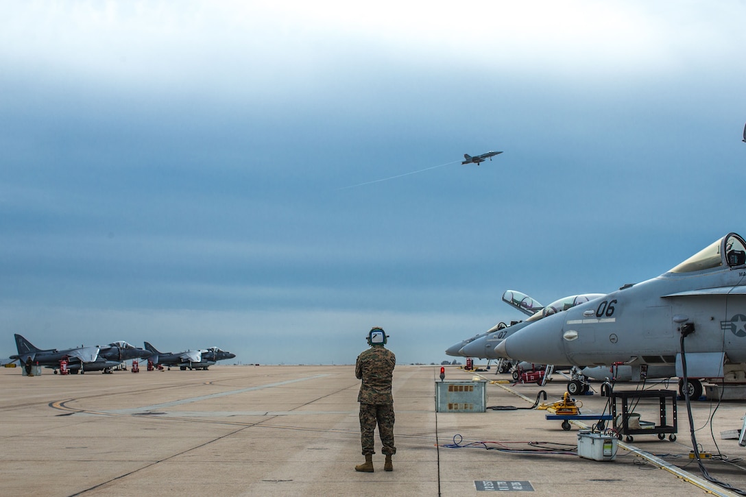 An F/A-18D Hornet with Marine All-Weather Fighter Attack Squadron [VMFA(AW)] 225 takes flight to support missions for Exercise Winter Fury 18 at Marine Corps Air Station Miramar, Calif., Nov. 30. Winter Fury provides an opportunity for 3rd Marine Aircraft Wing to exercise the skills needed as the aviation combat element of a Marine Air-Ground Task Force during a combat deployment. (U.S. Marine Corps photo by Lance Cpl. Nadia J. Stark/Released)