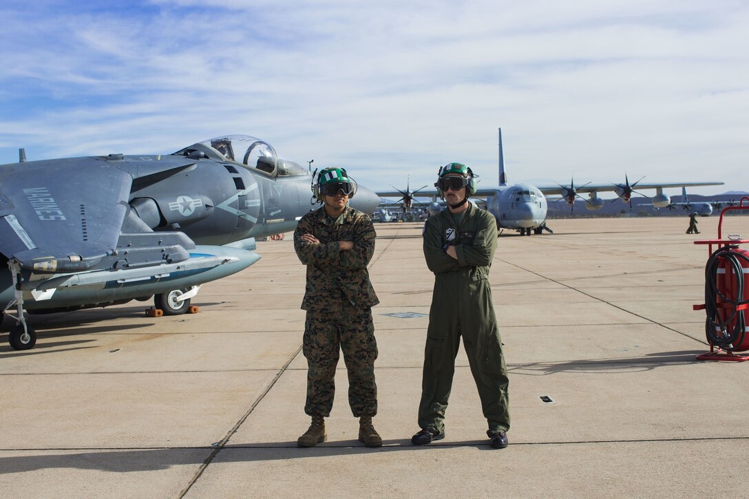 Marines with Marine Attack Squadron (VMA) 214 prepare several AV-8B Harriers for support missions during Exercise Winter Fury 2017 at Marine Corps Air Station Miramar, Calif., Nov. 28. The Exercise spans several locations including Marine Corps Air Ground Combat Center Twentynine Palms, Marine Corps Base Camp Pendleton, Marine Corps Air Station Yuma, Ariz., and MCAS Miramar. (U.S. Marine Corps photo by Lance Cpl. Nadia J. Stark/Released)