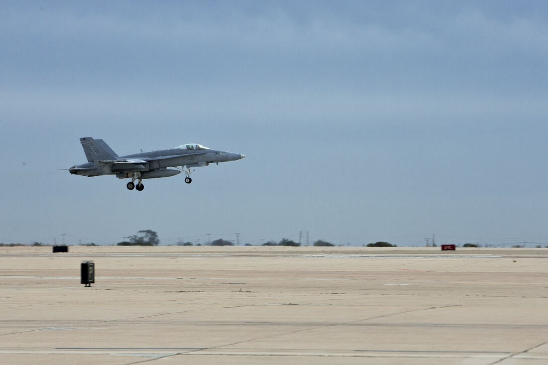 An F/A-18D hornet with Marine All-Weather Fighter Attack Squadron [VMFA(AW)] 225 takes flight to support missions for Exercise Winter Fury 18 at Marine Corps Air Station Miramar, Calif., Nov. 30. Winter Fury provides an opportunity for 3rd Marine Aircraft Wing to exercise the skills needed as the aviation combat element of a Marine Air-Ground Task Force during a combat deployment. (U.S. Marine Corps photo by Lance Cpl. Nadia J. Stark/Released)