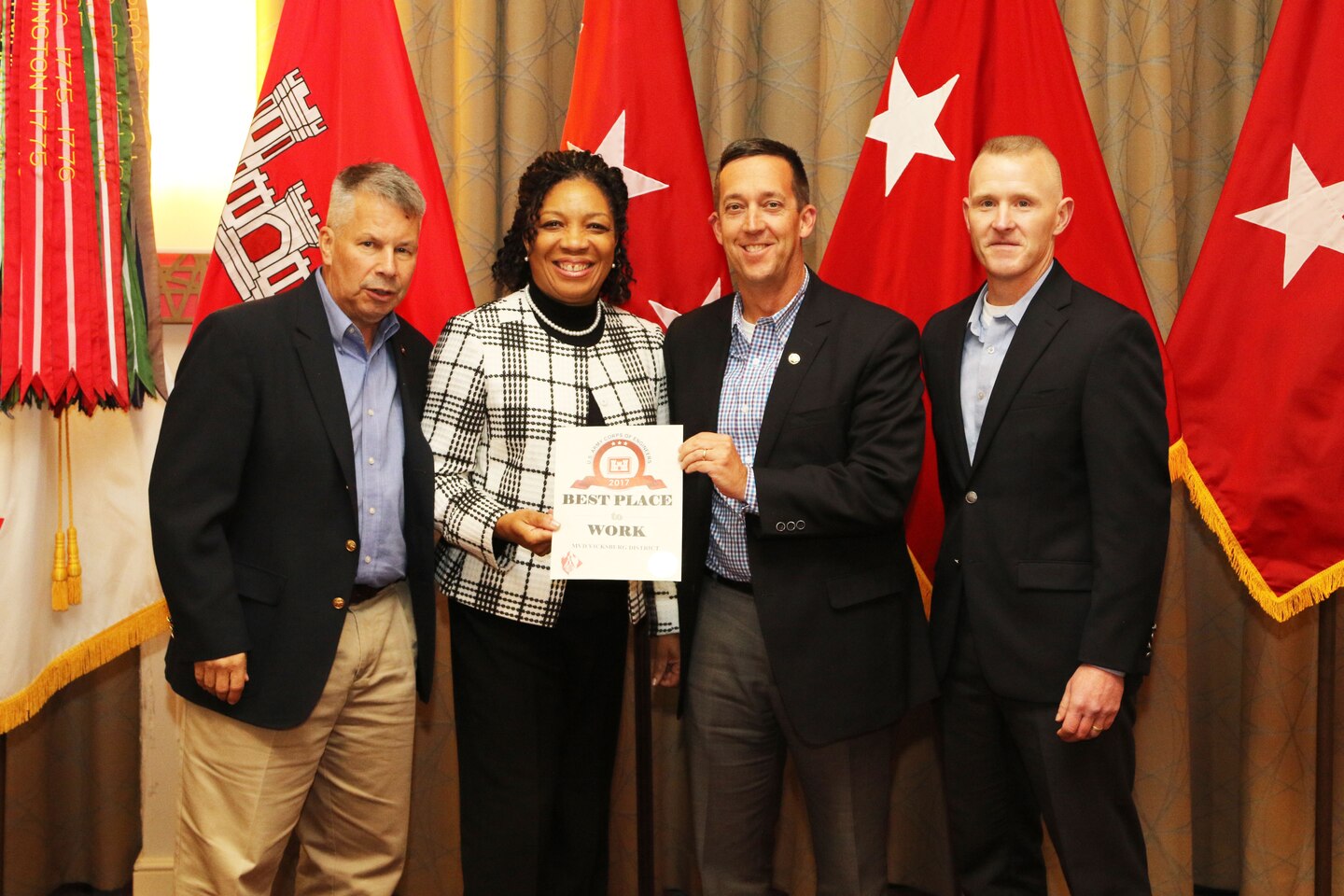 VICKSBURG, Miss…For the second consecutive year, the FY 17 Federal Employee Viewpoint Survey (FEVS), has recognized the Vicksburg District as a Best Place to Work within the U.S. Army Corps of Engineers (USACE). 

     Col. Michael C. Derosier, Commander of the Vicksburg District, and Patricia Hemphill, Chief of Programs and Project Management Division, were recently recognized and presented the Certificate for this honor at a meeting in Pittsburgh, Pennsylvania.