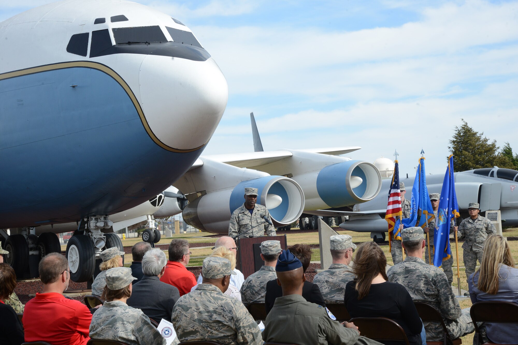 Col. Kenyon Bell, 72nd Air Base Wing commander, gives remarks before participating in the groundbreaking ceremony for the 75th Anniversary time capsule. The time capsule will be buried in the Maj. Charles B. Hall Memorial Air Park at a later date.