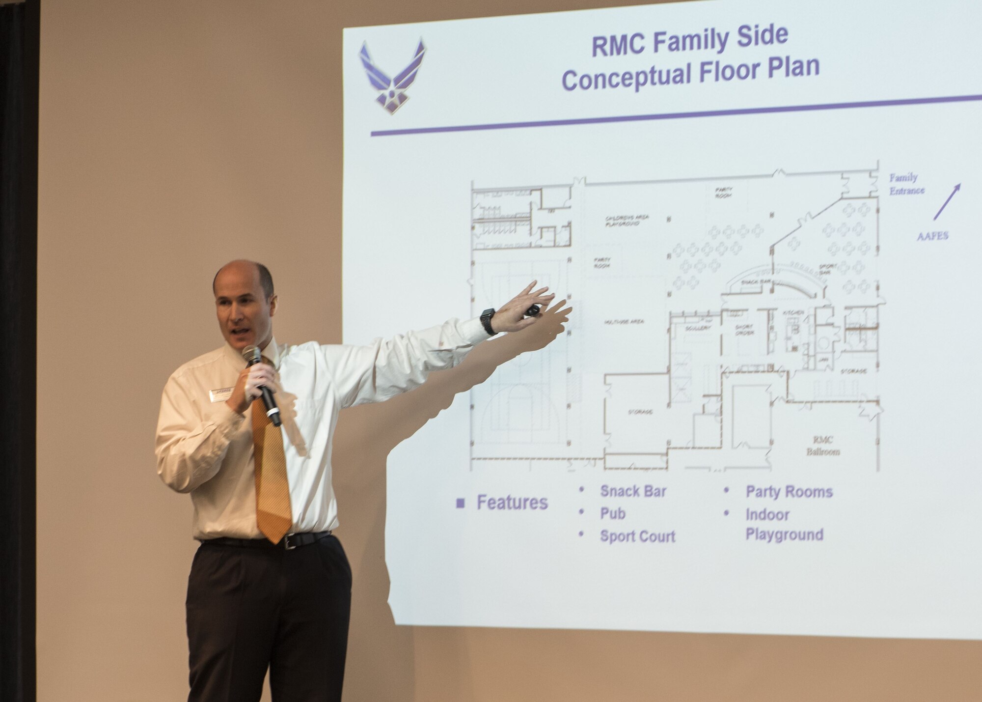Mr. Ben Furqueron, 92nd Force Support Squadron deputy commander, describes the upcoming renovations to the Red Morgan Center at Fairchild Air Force Base, Washington, Nov. 29, 2017. The former base recreation center known as the "Fun Spot" closed down earlier this year due to structural problems, so a hybrid facility was conceived to combine the RMC with a place for base members to relax and have fun. (U.S. Air Force photo/Senior Airman Ryan Lackey)