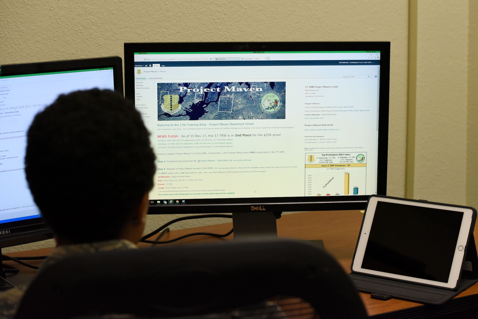 U.S. Air Force 2nd  Lt. Dominque M. Smith-Bryant, a 315th student, logs into the Project Maven website to label objects through the program Nov. 21, 2017. As a student waiting to start class she uses some of her time to help the base team earn rewards in the Project Maven website. (U.S. Air Force photo by Airman 1st Class Seraiah Hines/Released)