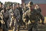 Marines of Charlie Company, 1st Recruit Training Battalion, march in formation during liberty call at Marine Corps Recruit Depot San Diego.
