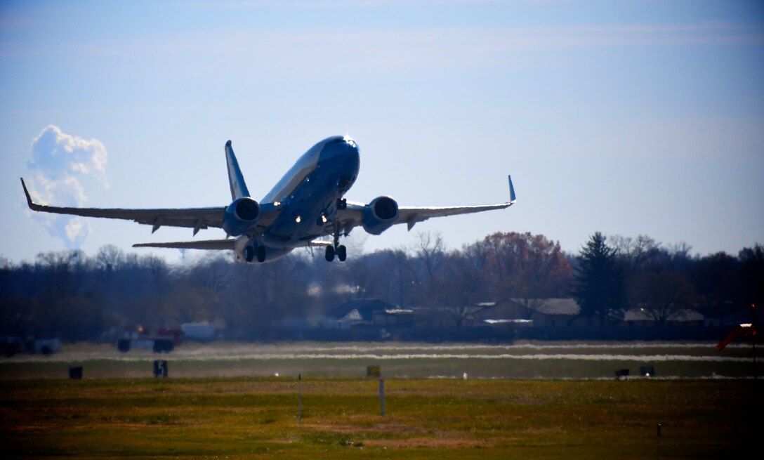 Aircraft commander, Lt. Col. Mike Louer, Chief of Safety for the 932nd Airlift Wing, engages full throttle as he takes off on a flight Dec. 1, 2017, at Scott Air Force Base, Ill.   The unit is responsible for maintaining and flying four of the distinguished visitor airlift planes worldwide, sometimes on short notice.  The 932nd AW is a 22nd Air Force unit based in Illinois near Belleville and Shiloh.  The 932nd Airlift Wing is the only reserve unit flying this unique mission under Air Force Reserve Command.  (U.S. Air Force photo by Lt. Col. Stan Paregien)