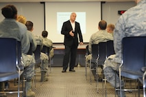 Eric Hipple, former Detroit Lions quarterback, speaks to Airmen about suicide prevention at Minot Air Force Base, N.D., Nov. 28, 2017. Since the loss of his son to suicide in 2000, Hipple travels the country to educate people about suicide prevention, depression and mental health. (U.S. Air Force photo by Airman 1st Class Jessica Weissman)