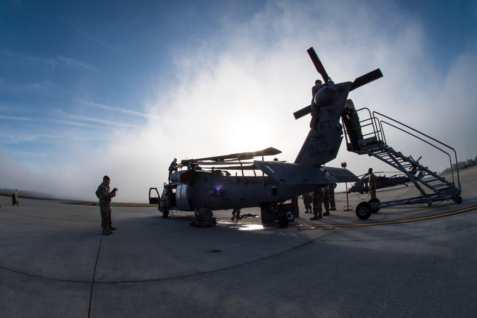 Moody’s Phase 1, Phase 2 exercise tested the 23d Wing’s ability to prepare, deploy and execute their mission at a moment’s notice. The 723d AMXS was tasked with folding HH-60s in preparation for transport in a larger aircraft and unfolding them once they arrive at their final destination. During folding, the rotor blades are revolved and aligned with the body of the helicopter, and fastened into place. (U.S. Air Force photo by Senior Airman Janiqua P. Robinson)