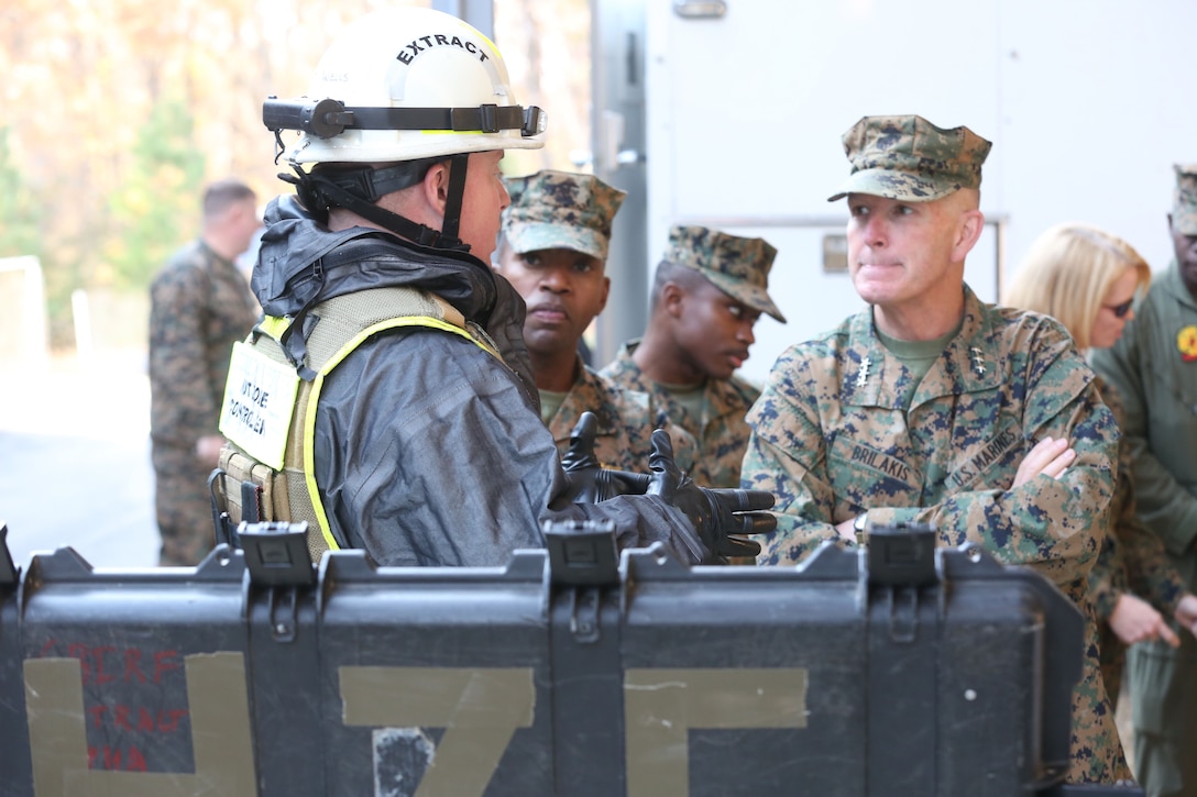 NAVAL SUPPORT FACILITY INDIAN HEAD, Md. – Lt. Gen. Mark A. Brilakis, Commander, U.S. Marine Corps Forces Command,  received a tour of Naval Support Facility Indian Head and Annex Stump Neck during his visit with MARFORCOM subordinate element Chemical Biological Incident Response Force, Nov. 30. During his visit he received briefs from CBIRF command staff, toured facilities used by CBIRF, talked to CBIRF Marines and Sailors, and received a demonstration of the response force’s capabilities in case of a crisis. (Official USMC Photos by Staff Sgt. Santiago G. Colon Jr.)