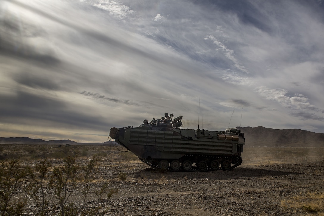 U.S. Marines with 3rd Battalion, 7th Marine Regiment, 1st Marine Division, utilize amphibious assault vehicles during a Marine Corps Combat Readiness Evaluation (MCCRE) at Marine Corps Air Ground Combat Center, Twentynine Palms, Calif., Nov. 29, 2017.