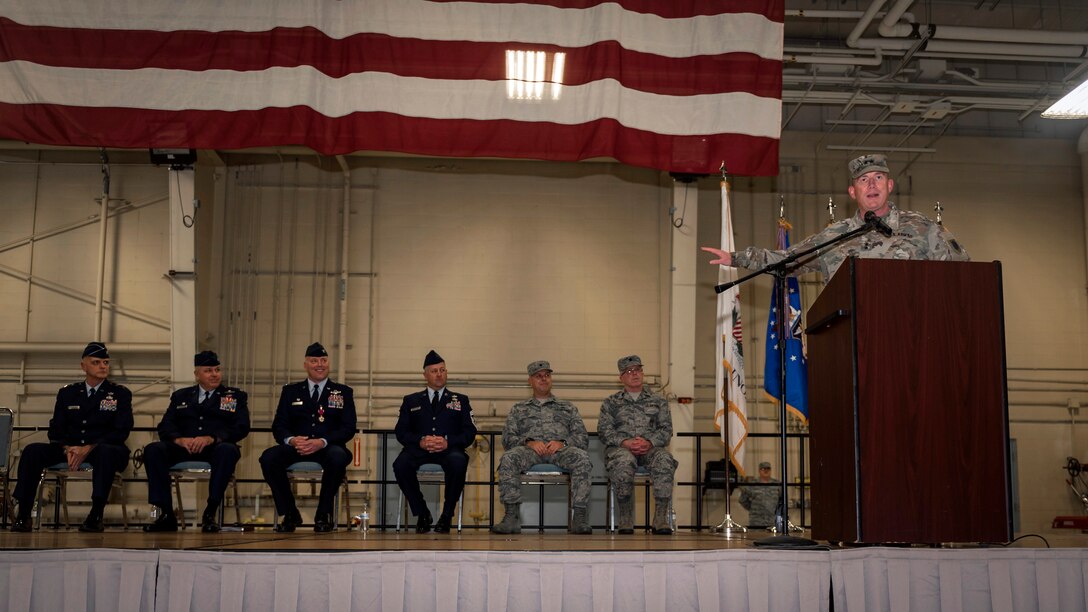 U.S. Army Maj. Gen. Richard Hayes, the adjutant general of the Illinois National Guard, addresses the 182nd Airlift Wing during U.S. Air Force Brig. Gen. William Robertson’s change of command and promotion ceremony in Peoria, Ill., Nov. 4, 2017. Robertson commanded the wing for 13 years before his promotion to brigadier general and the role of chief of staff of the Illinois Air National Guard. (U.S. Air National Guard photo by Tech. Sgt. Lealan Buehrer)