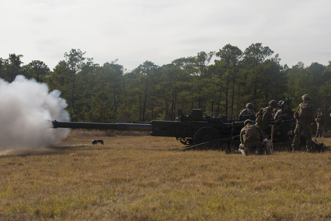 Marines fire an M777 A2 howitzer at their target during a direct-fire exercise at Camp Lejeune, N.C., Dec. 4, 2017. The M777 provides timely, accurate and continuous indirect fire support, while having the capability to engage targets directly in the event of enemy contact. The Marines are with 1st Battalion 10th Marine Regiment. (U.S. Marine Corps photo by Cpl. Luke Hoogendam)