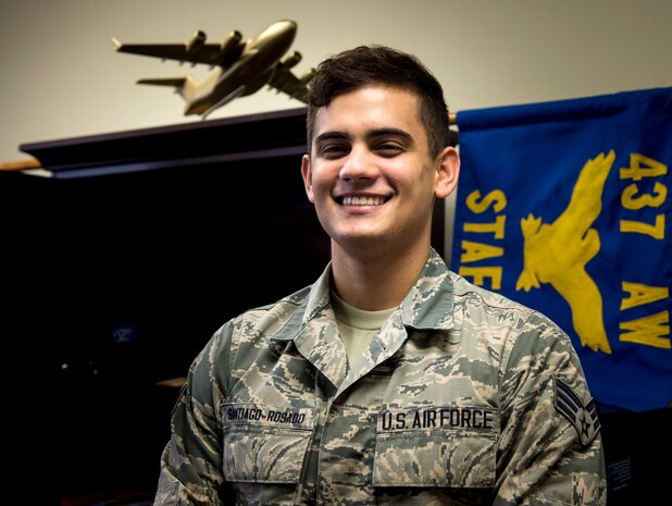 Senior Airman Ramon Santiago-Rosado works as an administrator within the command support staff of the 437th Airlift Wing Executive Support Services at Joint Base Charleston, S.C., Nov. 30, 2017.