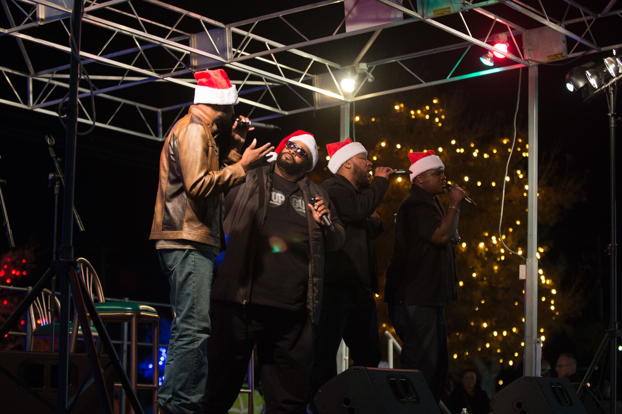 Linkin Bridge, an A Capella pop group that appeared on America’s Got Talent, performs for Team Edwards during Winterfest Dec. 1. The group was brought to Edwards by Air Force Services Activity Air Force Entertainment. (U.S. Air Force photo by Jennifer Correa)