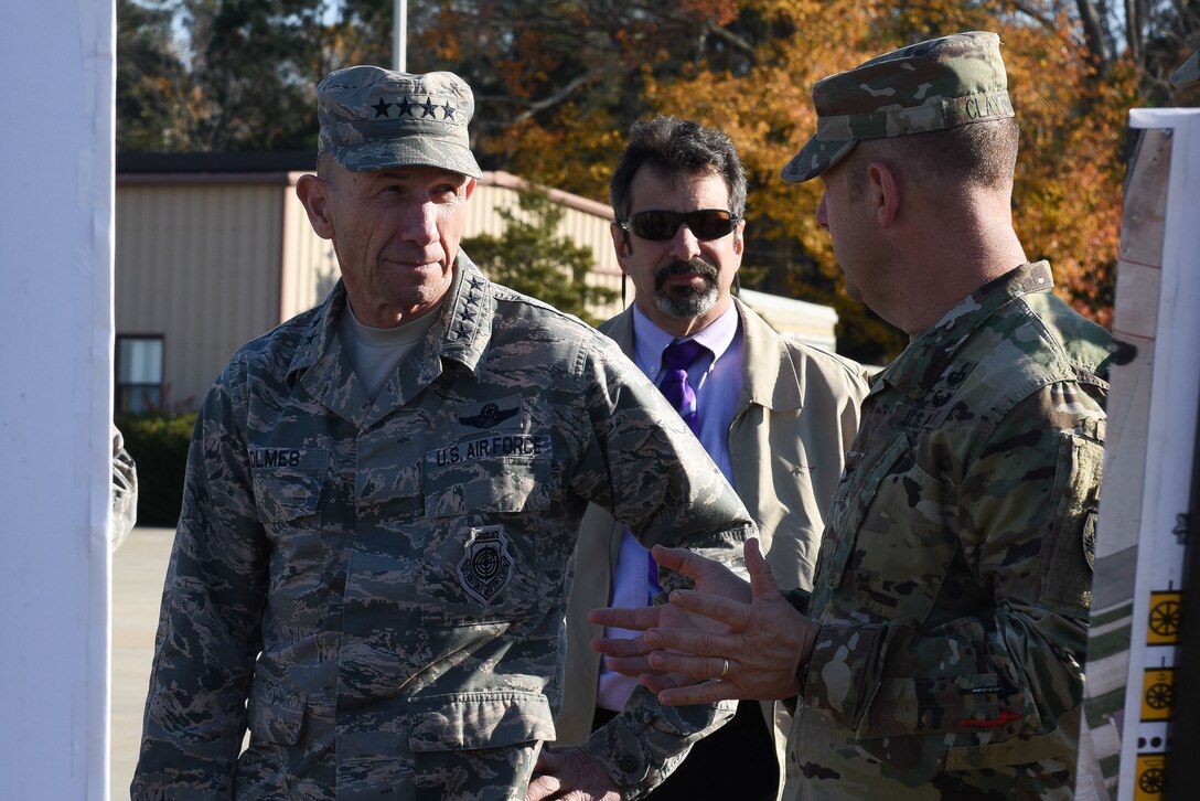 U.S. Air Force Gen. Mike Holmes, commander of Air Combat Command, visits Joint Base Langley-Eustis, Va., Dec. 1, 2017.