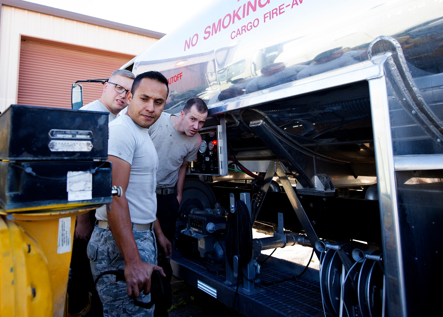 Airmen from the 49th Logistics Readiness Squadron refueling maintenance shop run a metering test on a fuel truck to determine the accuracy of its pump meter at Holloman Air Force Base, N.M., Dec. 4, 2017. The shop is responsible for maintenance and upkeep of approximately 18 refueling vehicles in support of Holloman’s mission. (U.S. Air Force photo by Staff Sgt. Timothy M. Young)