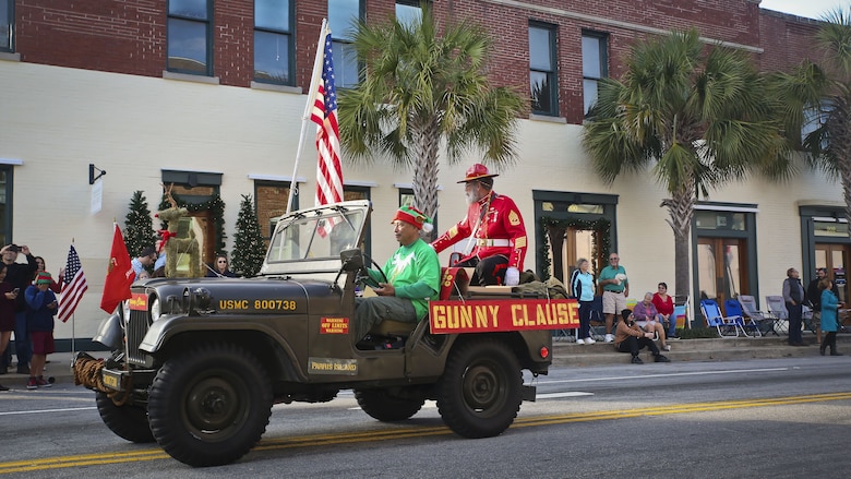 Gunny Clause rides through downtown Beaufort during the annual Christmas parade on Dec. 2. Gunny Clause is a Christmas-time Marine who participates in the annual parade. The parade was held to celebrate the upcoming holiday season.