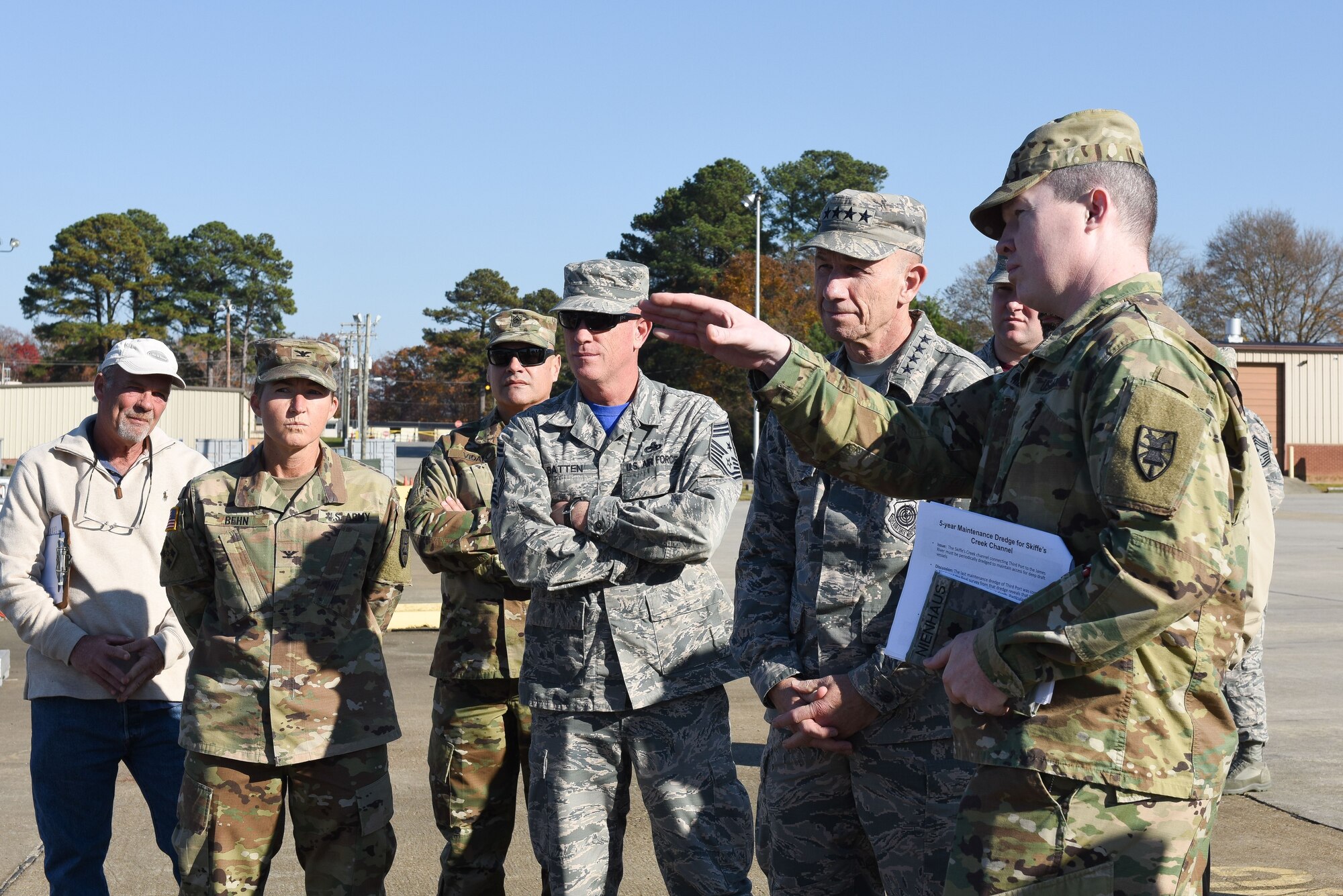 U.S. Air Force Gen. Mike Holmes, commander of Air Combat Command, visits Joint Base Langley-Eustis, Va., Dec. 1, 2017.