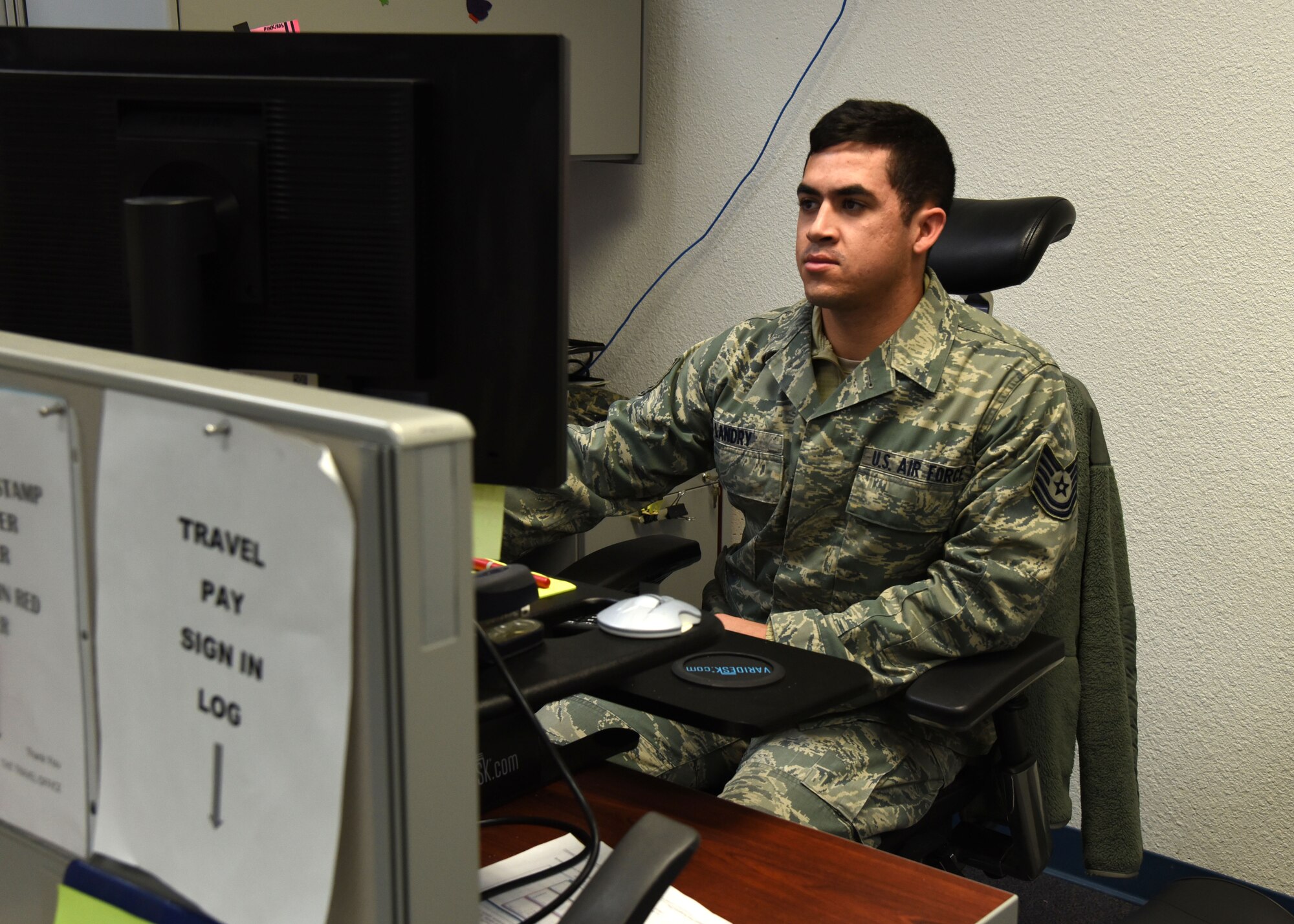 Tech. Sgt. Taylor Landry, 41st Aerial Port Squadron joint inspector special handler, has been on orders assisting the 403rd Wing Financial Management Office with the Defense Travel System. This program administers authorizations, reservations, voucher and reimbursement processes for wing members who travel to conduct Department of Defense business. Landry, and others in the 403rd Wing FM Office assisting with DTS, is available to assist wing members from 8 a.m. to 3 p.m. on Mondays, Tuesdays, Thursdays and Fridays. (U.S. Air Force photo by Maj. Marnee A.C. Losurdo)