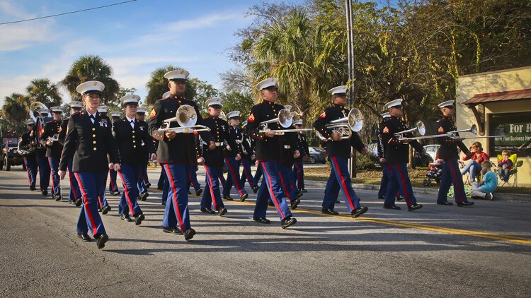 The Marine Corps Recruit Depot Parris Island Band participates in the annual Beaufort Christmas parade on Dec. 2. The band played traditional Christmas music during the parade. The parade was held to celebrate the upcoming holiday season.