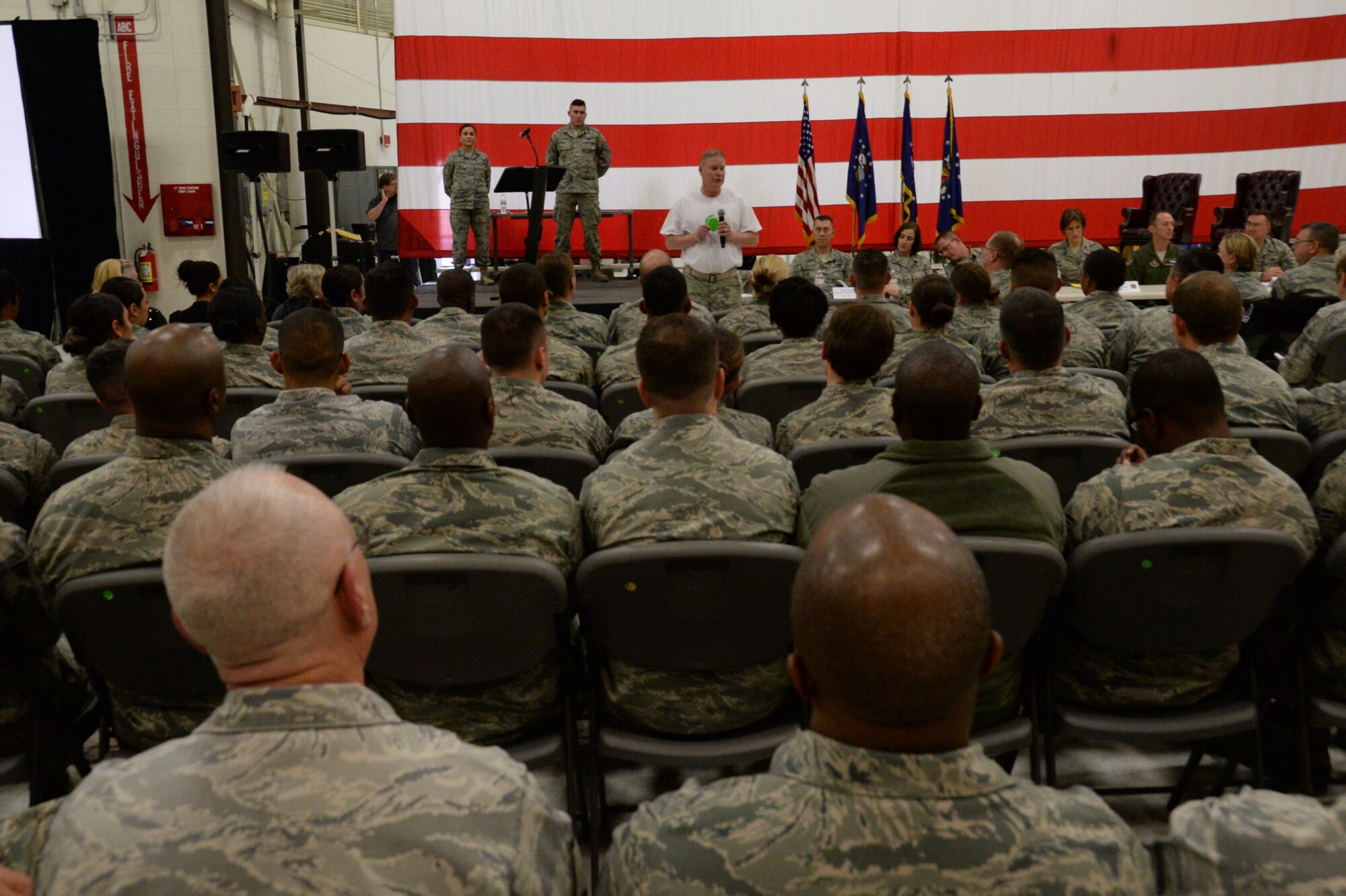 Col. James DeVere, the 302nd Airlift Wing commander, wears a Green Dot shirt during the December Unit Training Assembly to emphasize his stance on the importance of the program while speaking to the Reserve Citizen Airmen of the wing at his Commander’s Call Dec. 3, 2017, at Peterson Air Force Base, Colo. More than 700 reservists attended the call and had the opportunity to send text messages with questions to a panel of the Reserve wing’s group and squadron commanders. (U.S. Air Force photo/Staff Sgt. Frank Casciotta)