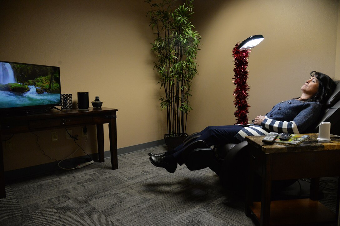 Lori Muzzana, 341st Missile Wing community support coordinator, lays in the relaxation room Dec. 5, 2017, at Malmstrom Air Force Base, Mont.