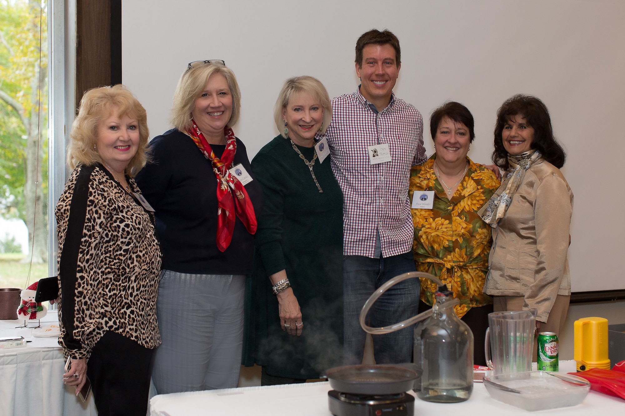 Meteorologist Dan Thomas, fourth from left, takes a moment to pose for a photo with the AEDC Woman’s Club members during his presentation at the AEDCWC meeting Nov. 2. Thomas is a meteorologist at WSMV/TV. Pictured left to right are Sande Hayes, Kate Canady, Suzie Schultz, Thomas, Anne Wonder and Violet Nauseef. (Courtesy photo)