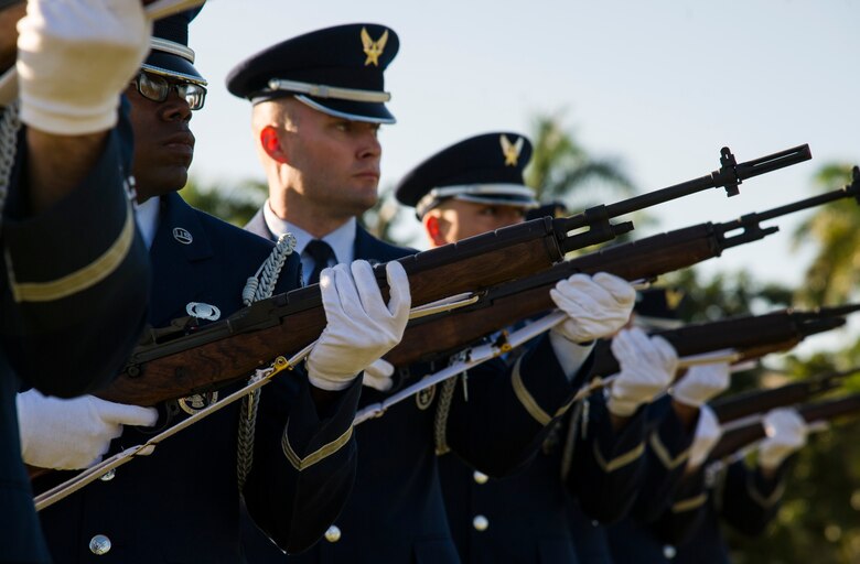 Members of the Hickam Honor Guard perform a three-round volley during the 15th Wing’s Remembrance Ceremony, Joint Base Pearl Harbor-Hickam, Hawaii, Dec. 7, 2017. The 15th Wing sponsored the ceremony to remember the 76th anniversary of the attacks that claimed the lives of 189 Army Air Corps Airmen and civilians and injured 303 others. (U.S. Air Force photo by Tech. Sgt. Heather Redman)