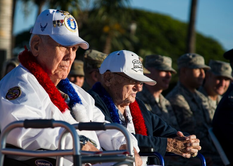 Retired Air Force Col. Andrew Kowalski and Tech. Sgt. Durward Swanson, survivors of the 1941 attack on Hickam Field, attend the 15th Wing’s Remembrance Ceremony, Joint Base Pearl Harbor-Hickam, Hawaii, Dec. 7, 2017. The 15th Wing sponsored the ceremony to remember the 76th anniversary of the attacks that claimed the lives of 189 Army Air Corps Airmen and civilians and injured 303 others. (U.S. Air Force photo by Tech. Sgt. Heather Redman)
